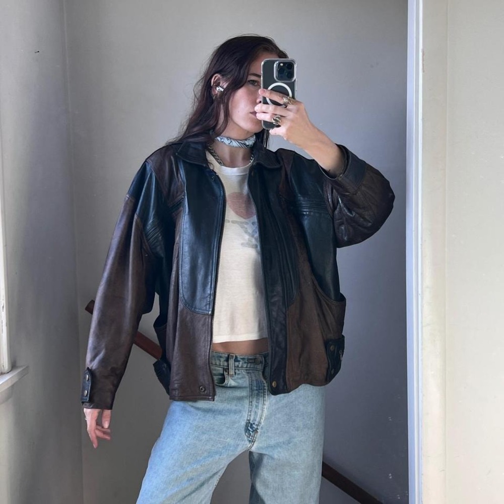 Vintage Leather Jacket Brown Black Two Tone Unique Oversized Bomber 90s Baggy - Picture 3 of 9